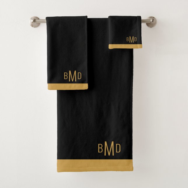 3 Initial Monogram Gold Script Name Black Bath Towel Set (Insitu)