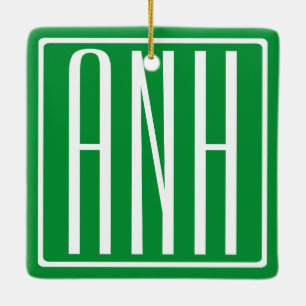 3 Initials Monogram   Green & White Ceramic Ornament