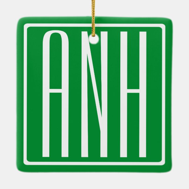 3 Initials Monogram | Green & White Ceramic Ornament (Back)