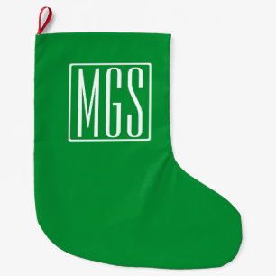 3 Initials Monogram Green & White Large Christmas Stocking
