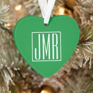 3 Initials Monogram Green & White Ornament