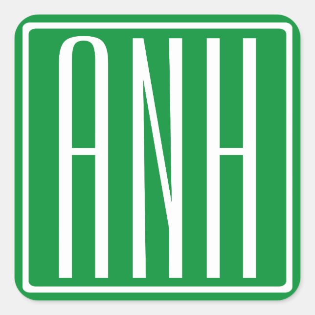 3 Initials Monogram | Green & White Square Sticker (Front)