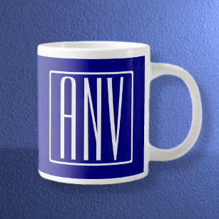 3 Initials Monogram   Navy Blue & White Large Coffee Mug