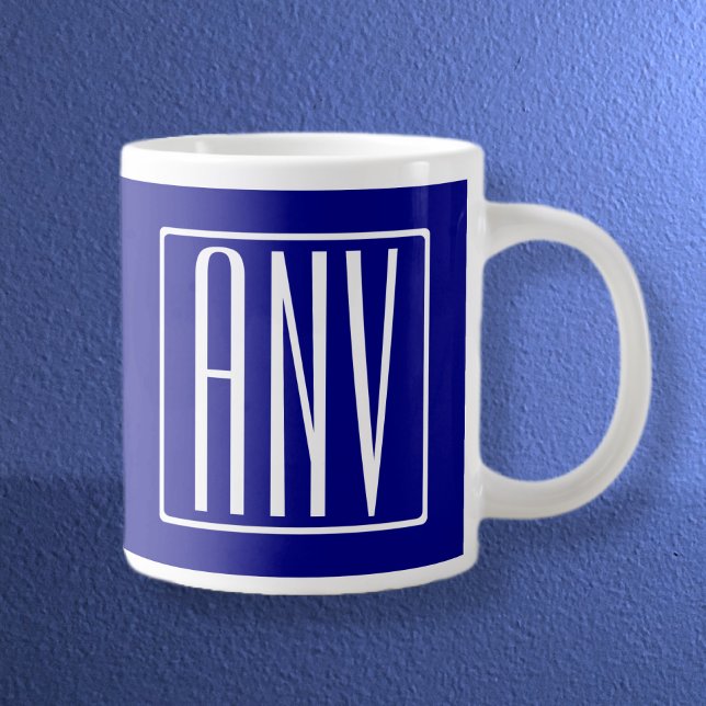 3 Initials Monogram | Navy Blue & White Large Coffee Mug
