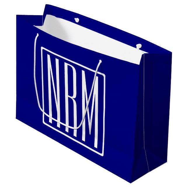 3 Initials Monogram | Navy Blue & White Large Gift Bag (Front Angled)