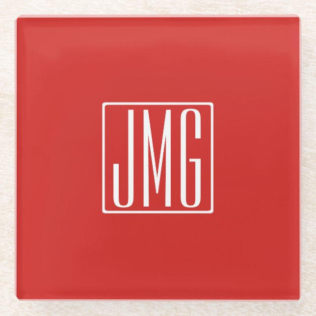 3 Initials Monogram | Red & White (or diy colour) Glass Coaster (Front)