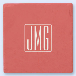 3 Initials Monogram Red & White (or diy colour) Stone Coaster