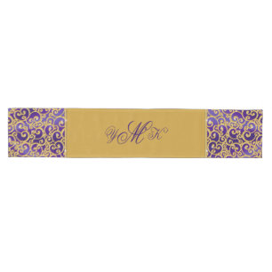 3 Initials Monogram Table Runner, Purple and Gold Medium Table Runner