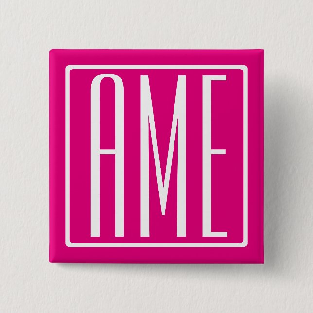 3 Initials Monogram | White On Hot Pink 15 Cm Square Badge (Front)
