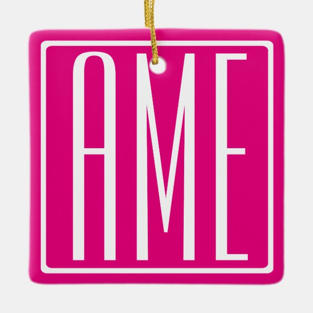 3 Initials Monogram | White On Hot Pink Ceramic Ornament (Front)