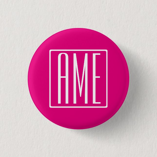 3 Initials Monogram | White On Hot Pink Cm Round Badge (Front)