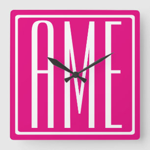 3 Initials Monogram   White On Hot Pink Square Wall Clock