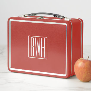 3 Initials Monogram   White/Red Metal Lunch Box