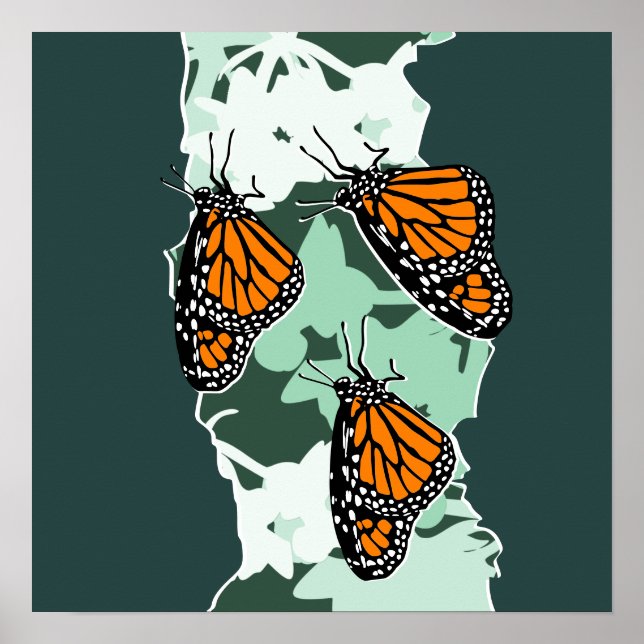 3 Insects Monarch Butterflies Orange & Green Poster (Front)