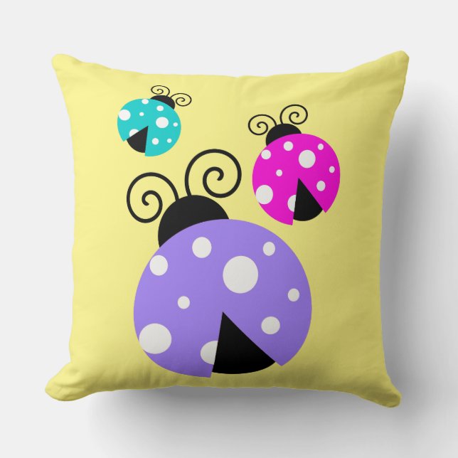 3 Ladybugs in Purple Pink and Blue Cushion (Front)