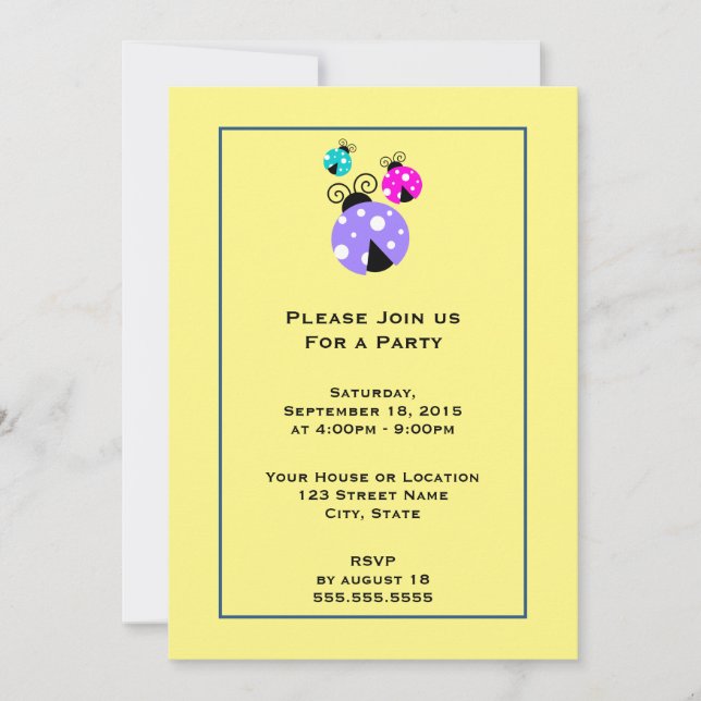 3 Ladybugs in Purple Pink and Blue Generic Party Invitation (Front)