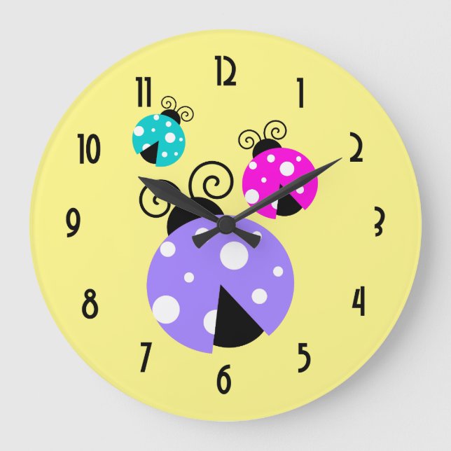 3 Ladybugs in Purple Pink and Blue Large Clock (Front)