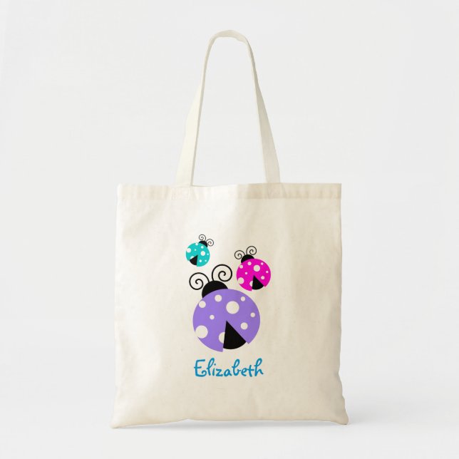 3 Ladybugs in Purple Pink and Blue Personalised Tote Bag (Front)