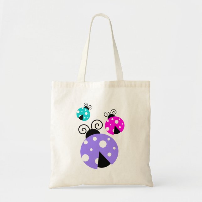 3 Ladybugs in Purple Pink and Blue Tote Bag (Front)