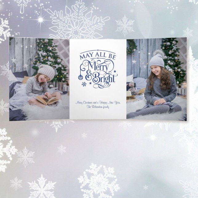 3 Large Photo Merry and Bright Christmas Tri-Fold Holiday Card (Creator Uploaded)