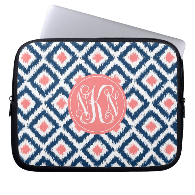 3-Letter Monogram Coral and Blue Ikat Pattern Laptop Sleeve (Front)