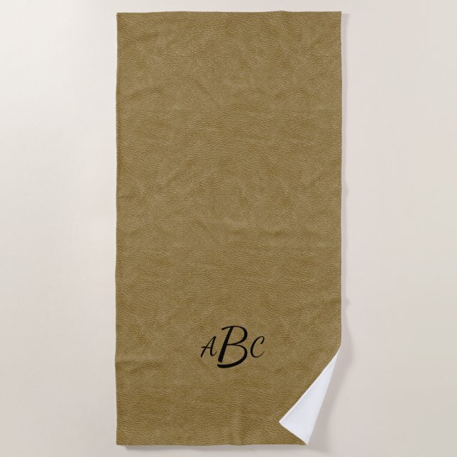 3 Letter Monogram Initial Beige Brown Leather Look Beach Towel (Front)