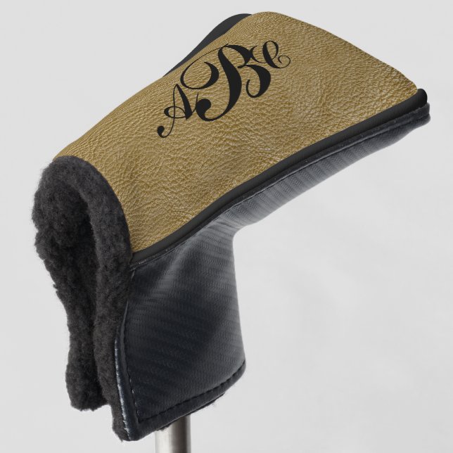 3 Letter Monogram Initial Beige Brown Leather Look Golf Head Cover (3/4 Front)