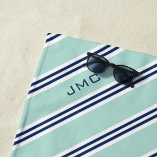 3-Letter Monogram Mint and Blue Stripes Beach Towel