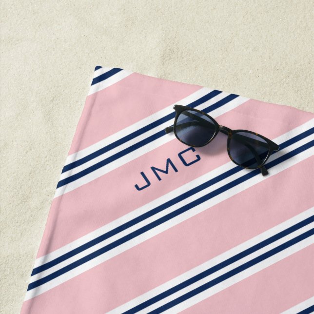 3-Letter Monogram Pink and Blue Stripes Beach Towel (In Situ)