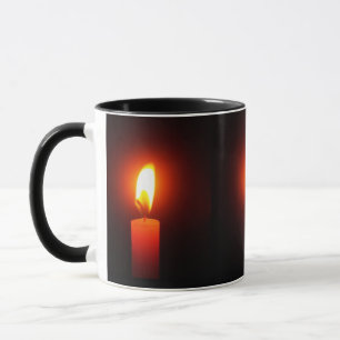 3 LIT RED CANDLES ON COFFEE MUG