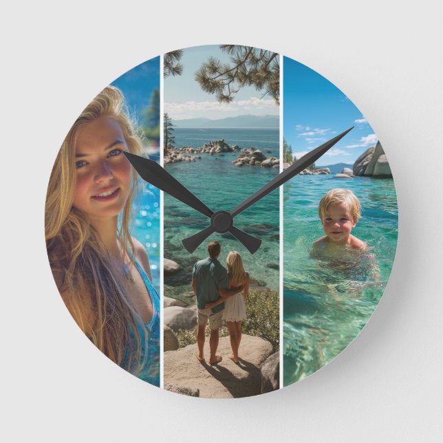 3 Long Vertical Strip Boho Photo Round Clock (Front)