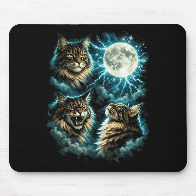 3 Maine Coon Moon Howling Cat Head Funny Graphic Mouse Mat (Front)