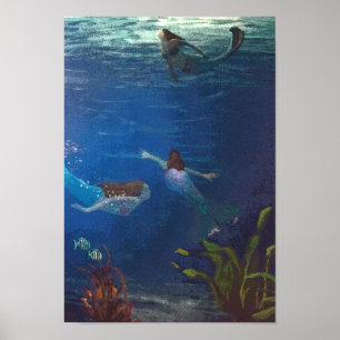 3 Mermaids Swimming Under the Water Poster