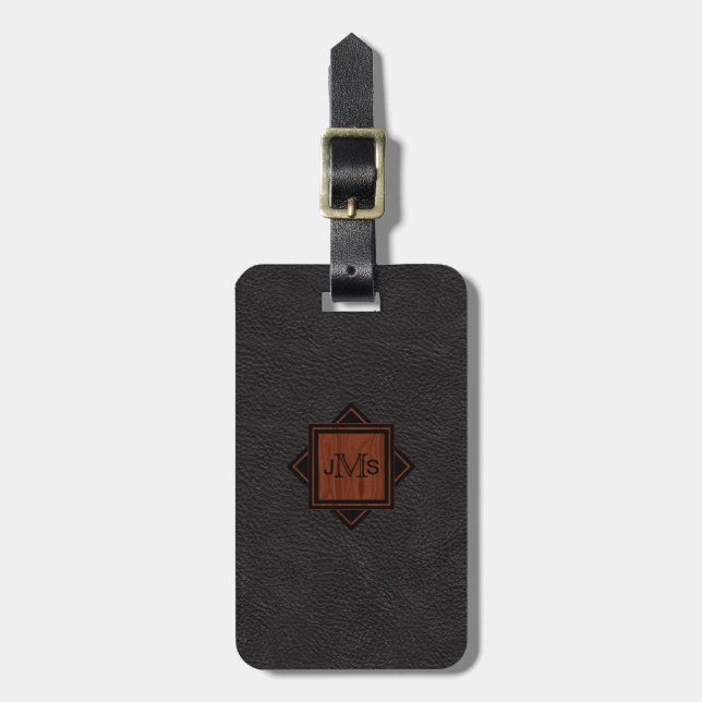 3 Modern Monogrammed Initials | Wood Black Leather Luggage Tag (Front Vertical)
