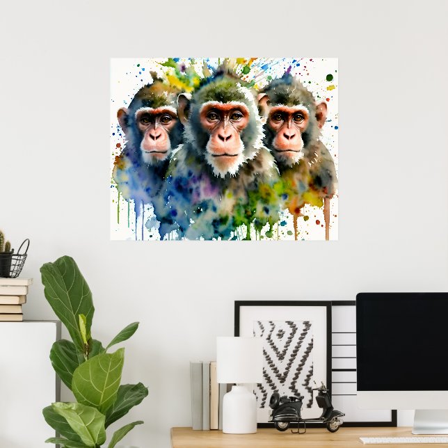 3 Monkeys Colourful Watercolor Art Poster (Home Office)