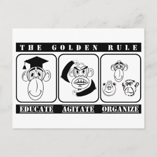 3 monkeys educate agitate organise postcard