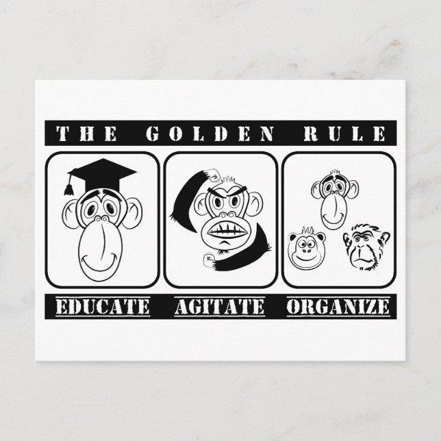 3 monkeys educate agitate organise postcard (Front)