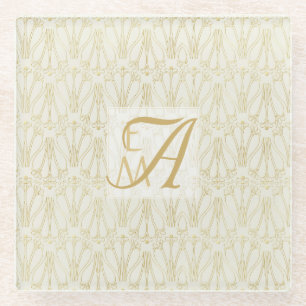 3 Monogram Art Deco Gold Cream Newlyweds Decor Glass Coaster