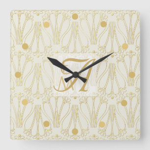 3 Monogram Art Deco Gold Cream Newlyweds Decor Square Wall Clock