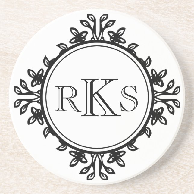 3 monogram royal letter black white leaf border coaster (Front)