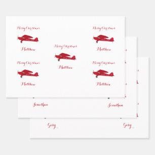 3 Name Set Merry Christmas Personalised Aeroplane Wrapping Paper Sheet