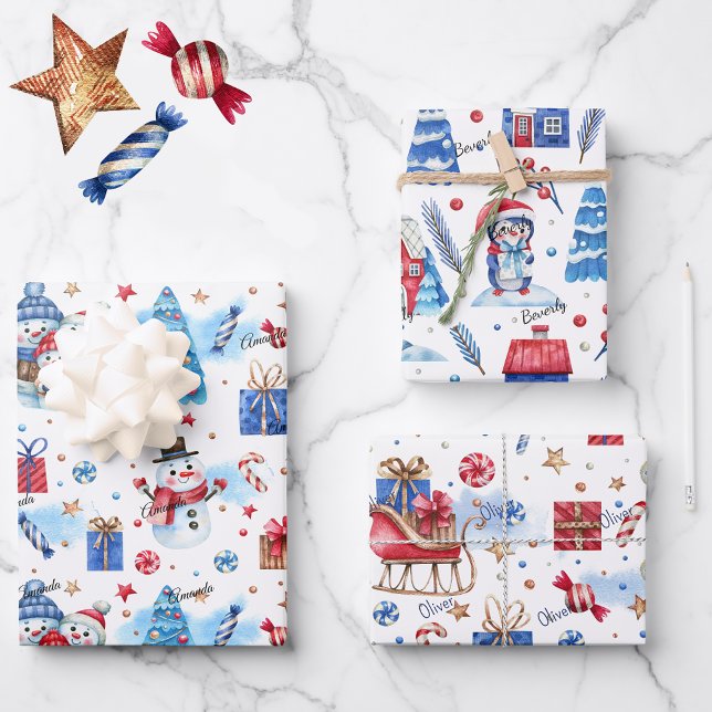 3 Names, Matching Blue Red 19x29, Winter Holiday Wrapping Paper Sheet (Creator Uploaded)