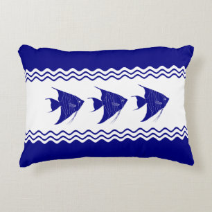 3 Navy Blue And White Coastal Decor Angelfish Decorative Cushion