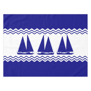 3 Navy Blue And White Coastal Decor Sailboats Tablecloth