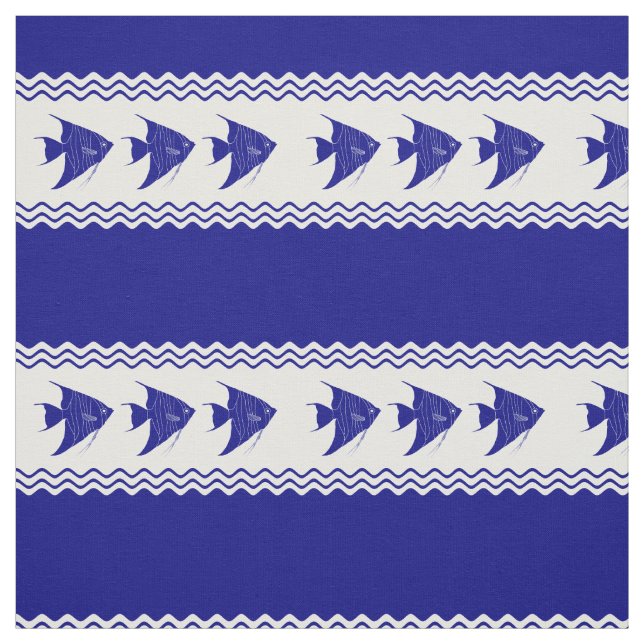 3 Navy Blue And White Coastal Pattern Angelfish Fabric (Swatch)