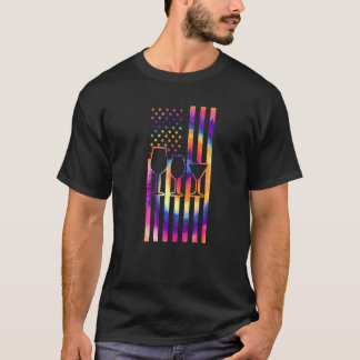 3 Of Wine Glasses Tie Dye American Flag Wine Glass T-Shirt
