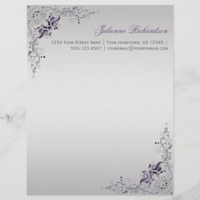 #3 Ornate Purple Silver Floral Swirls Letterhead (Front)