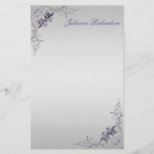 #3 Ornate Purple Silver Floral Swirls Stationery