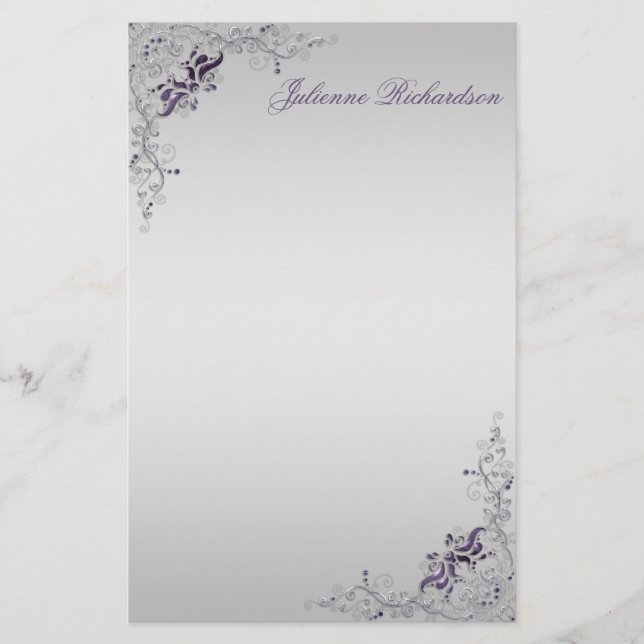 #3 Ornate Purple Silver Floral Swirls Stationery (Front)