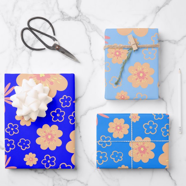 3 Pack Blue Orange Floral Pattern Wrapping Paper Sheet (Front)